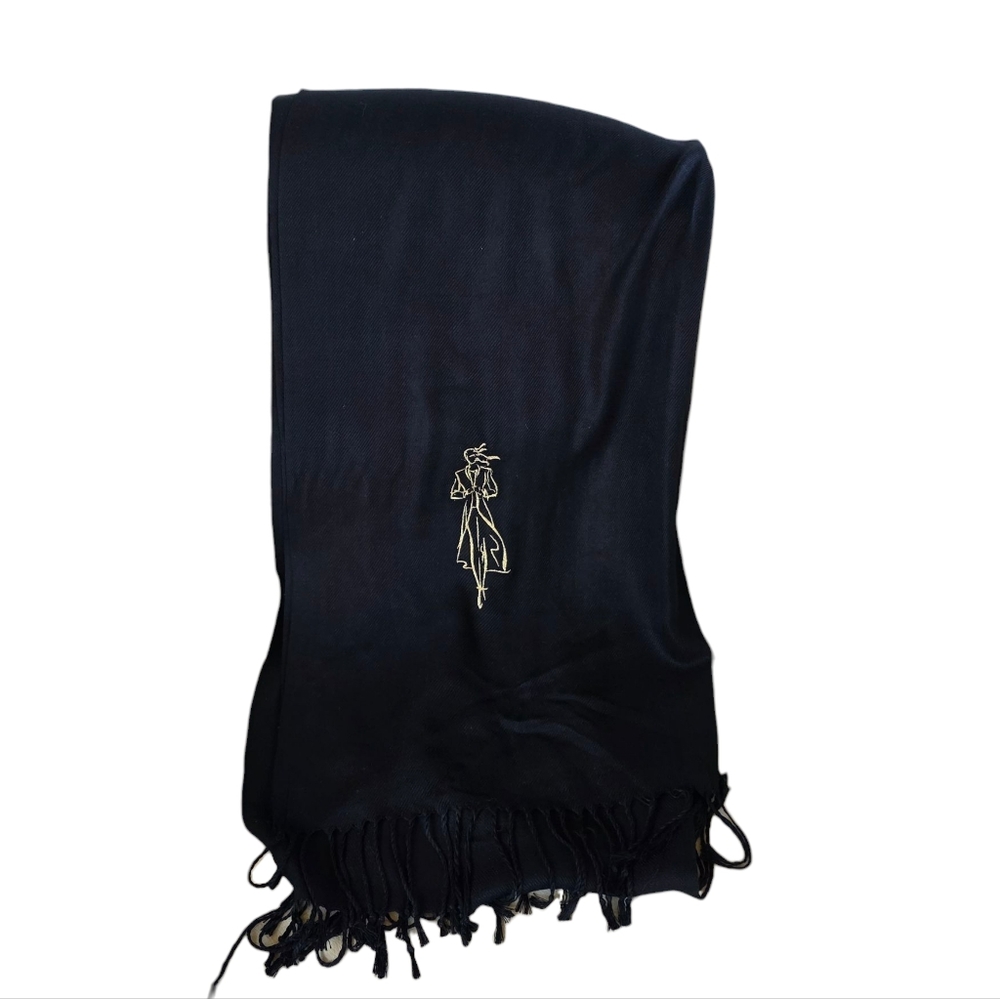 Pashmina Black Wrap With Gold Female Embroidered Silhouette Detail EUC